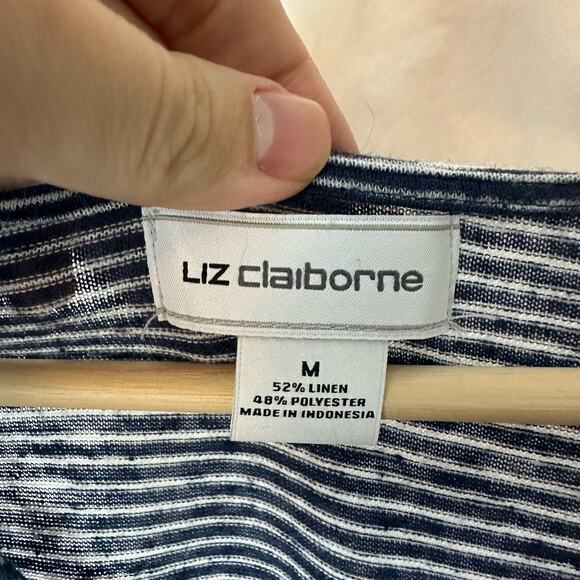 3/$20 Liz Claiborne Women's Medium Linen Blend Blue & White Striped Blouse - Picture 3 of 8